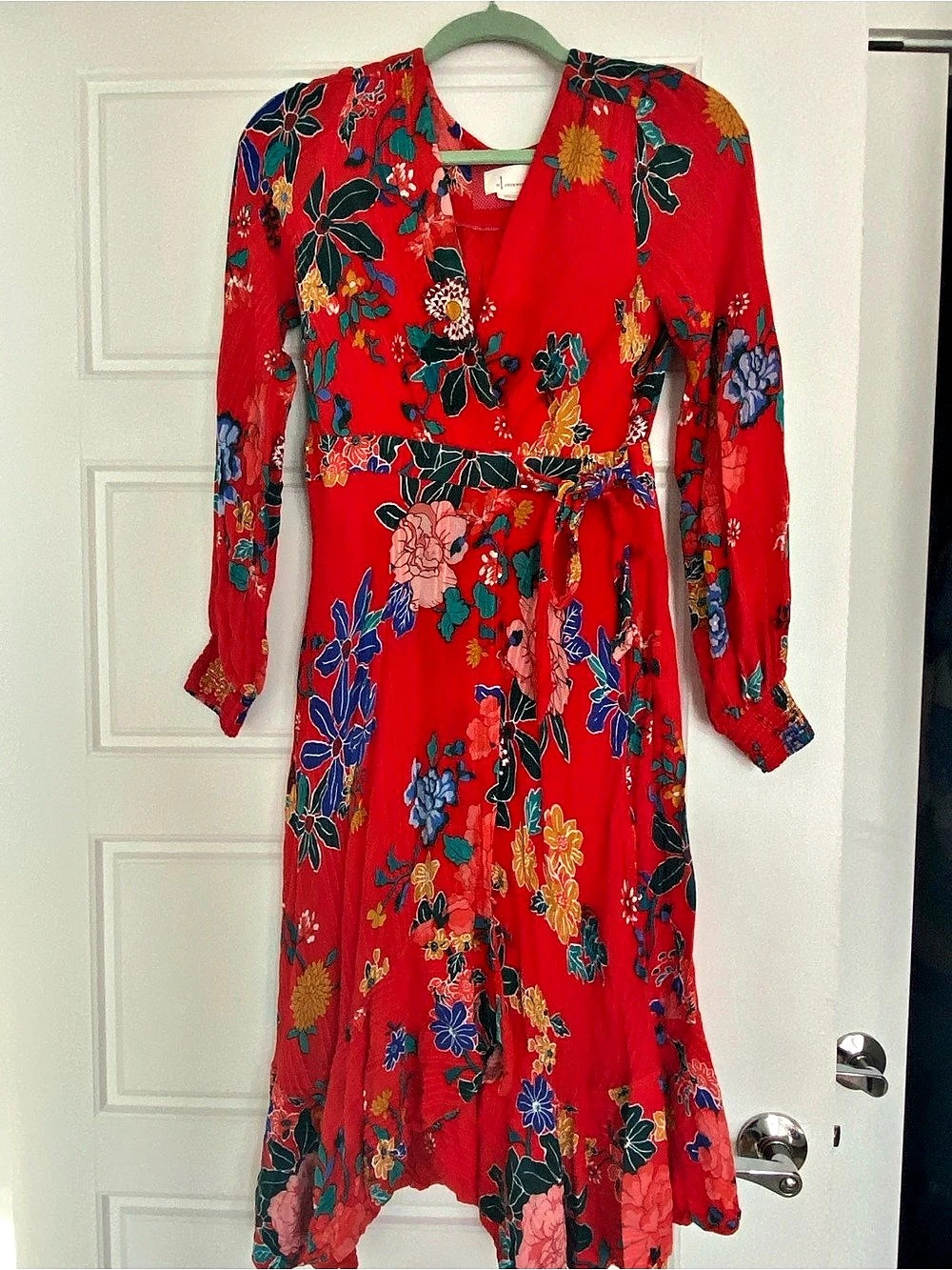 Anthropologie By Anthropologie Long-Sleeve Wrap Midi Dress Red & Blue Size 6